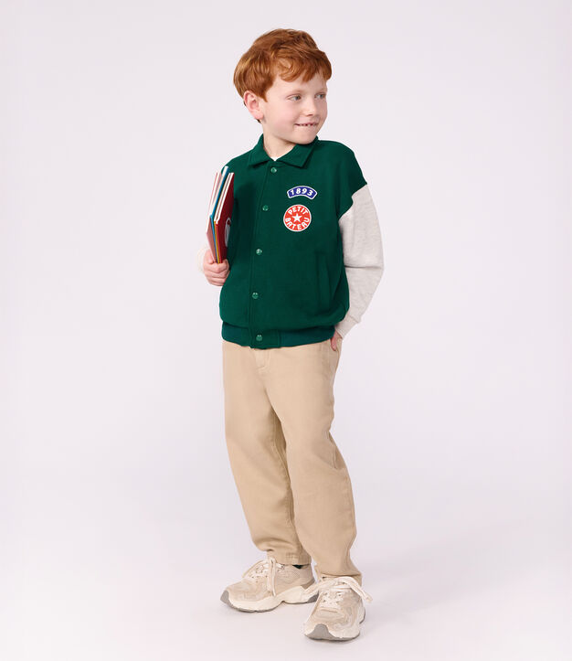 Chaqueta teddy infantil lisa colorblock de algod&oacute;n verde/beige