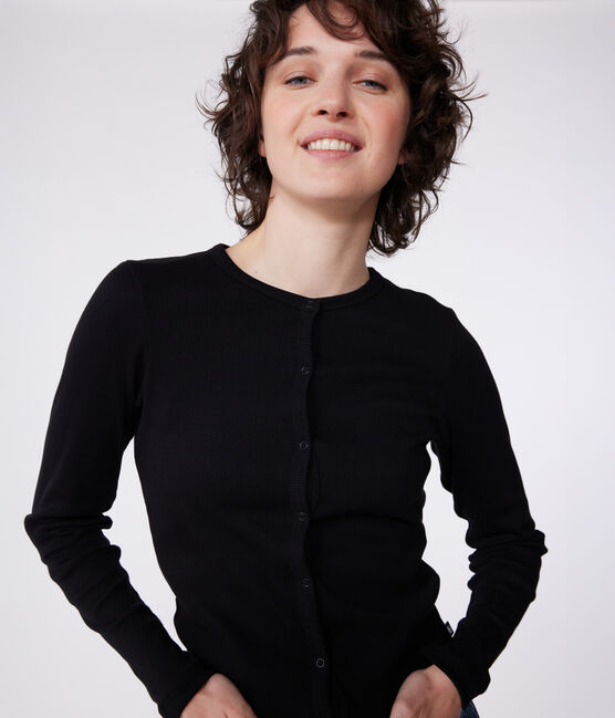 Cárdigan de algodón liso para mujer negro BLACK