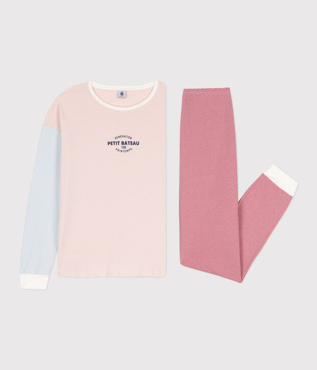 Pijama de algod&oacute;n milrayas tricolor para mujer blanco/multicolor