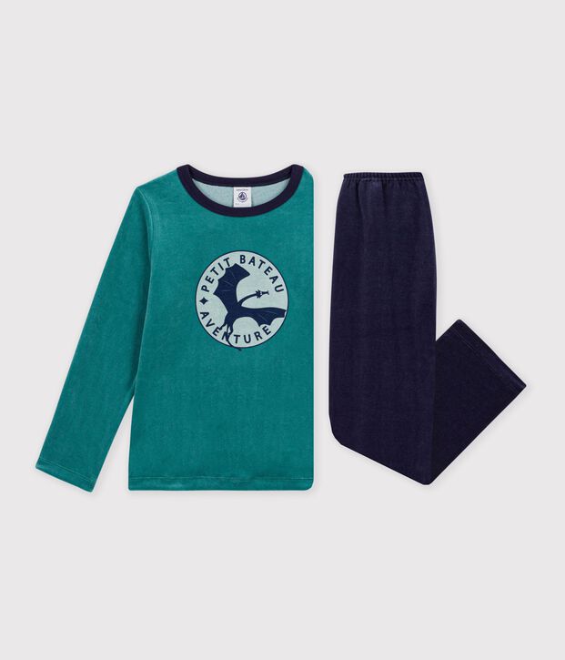 Pijama infantil de terciopelo liso con estampado de drag&oacute;n azul/NEW OLIVIER