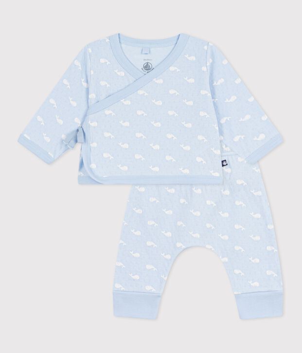 Conjunto largo de 2 piezas de algod&oacute;n con estampado de ballenas para beb&eacute; azul/crudo