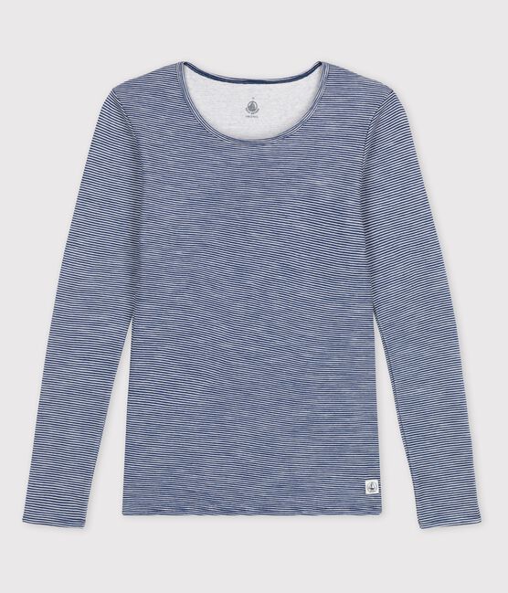 Camiseta de lana y algodón a rayas de mujer azul SMOKING/blanco MARSHMALLOW
