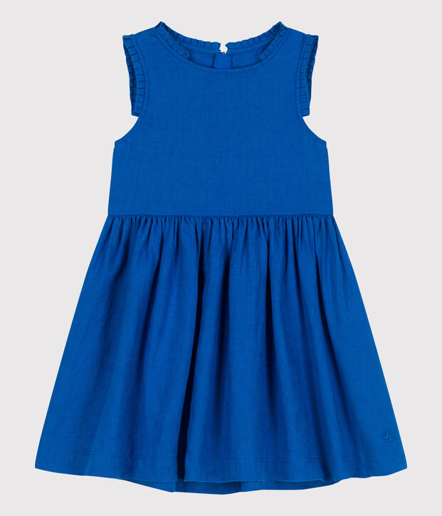 Vestido infantil de lino liso sin mangas azul