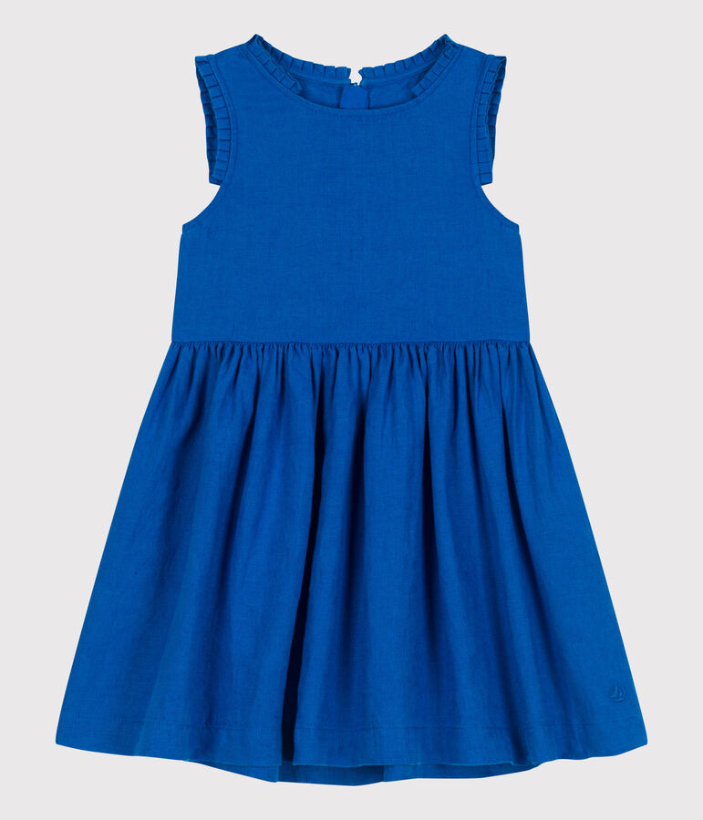 Vestido infantil de lino liso sin mangas azul