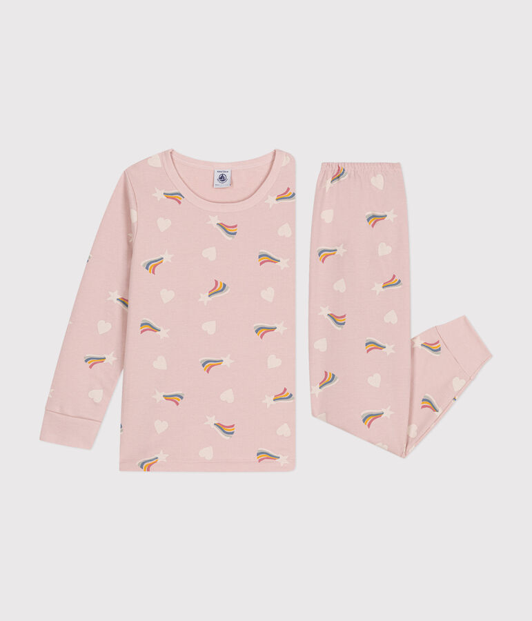 Pijama infantil de felpa cepillada con estampado de estrellas y corazones rosa SALINE/blanco MULTICO