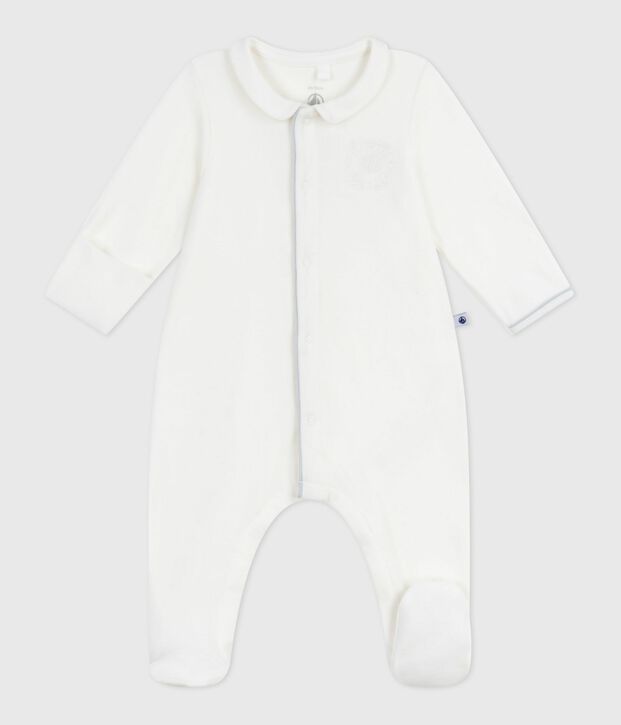 Pijama de terciopelo con cuello liso para beb&eacute; blanco