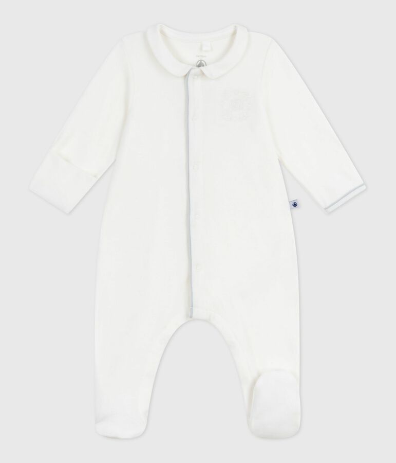 Pijama de terciopelo con cuello liso para beb&eacute; blanco