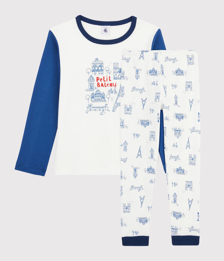 Pijama con dibujo de Par&iacute;s de ni&ntilde;o peque&ntilde;o de punto blanco MARSHMALLOW/azul BLEU/ MULTICO