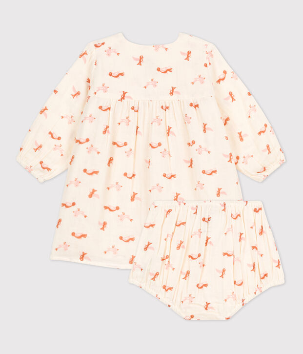 Vestido y ranita de beb&eacute; con estampado de p&aacute;jaros de gasa de algod&oacute;n crudo/multicolor