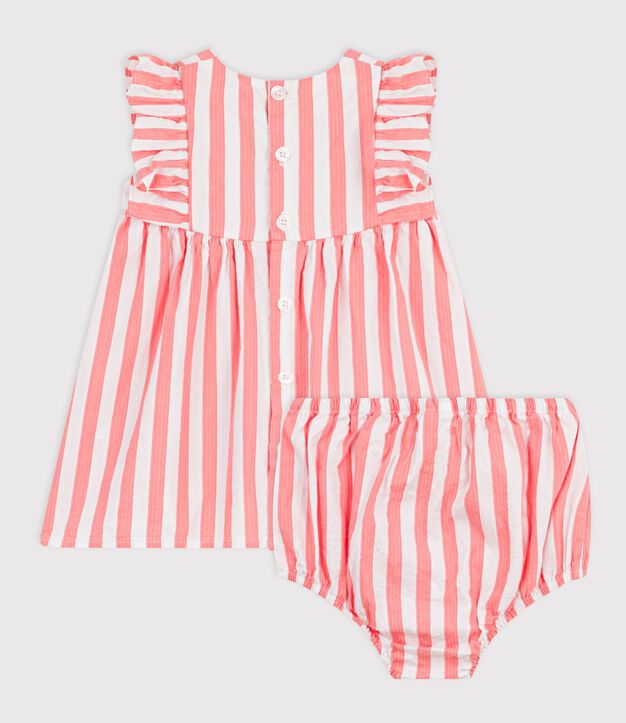 Vestido de algod&oacute;n sin mangas y pololo a rayas para beb&eacute; rosa/blanco