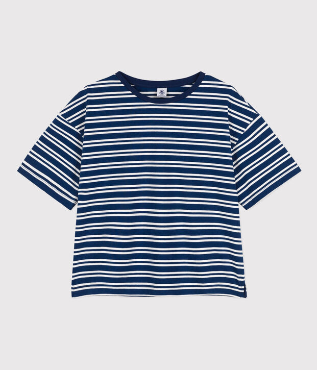 Camiseta LE BOXY de algod&oacute;n para mujer azul/blanco