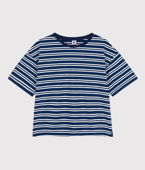 Camiseta LE BOXY de algodón para mujer azul MEDIEVAL/blanco MARSHMALLOW