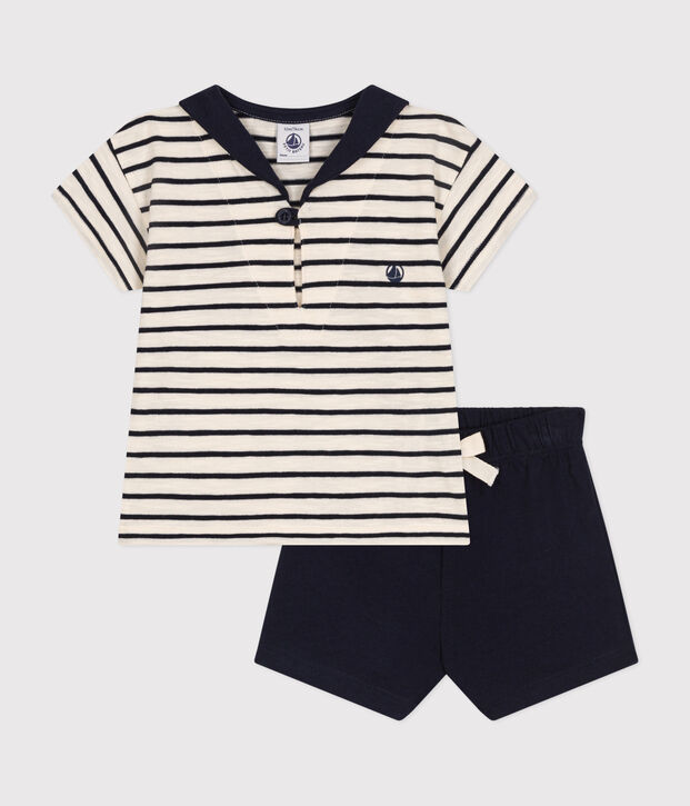Conjunto de camiseta y pantal&oacute;n corto de punto para beb&eacute; crudo/azul