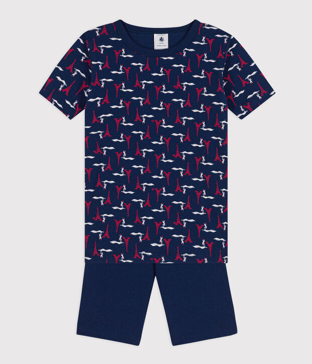 Pijama corto ajustado de algod&oacute;n de ni&ntilde;o/ni&ntilde;a azul/multicolor