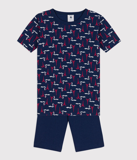 Pijama corto ajustado de algodón de niño/niña azul MEDIEVAL/blanco MULTICO