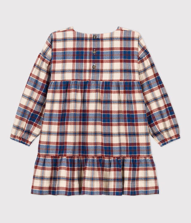 Vestido a cuadros de manga larga de franela de ni&ntilde;a crudo/multicolor
