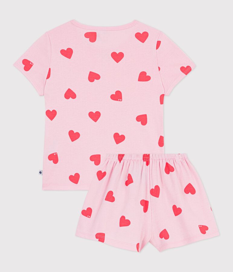 Pijama corto infantil de algod&oacute;n con estampado de corazones rosa/naranja