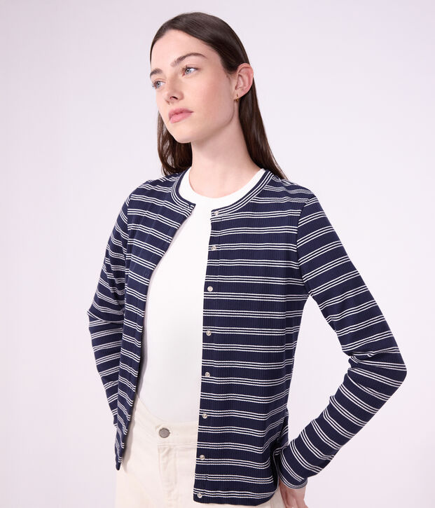 C&aacute;rdigan de algod&oacute;n a rayas para mujer azul/blanco