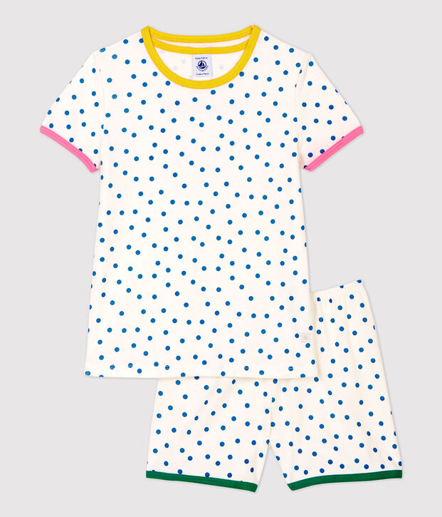 Pijama corto de lunares azules de ni&ntilde;a de algod&oacute;n blanco/azul