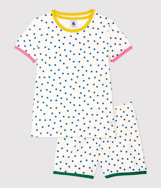 Pijama corto de lunares azules de niña de algodón blanco MARSHMALLOW/ MALLARD