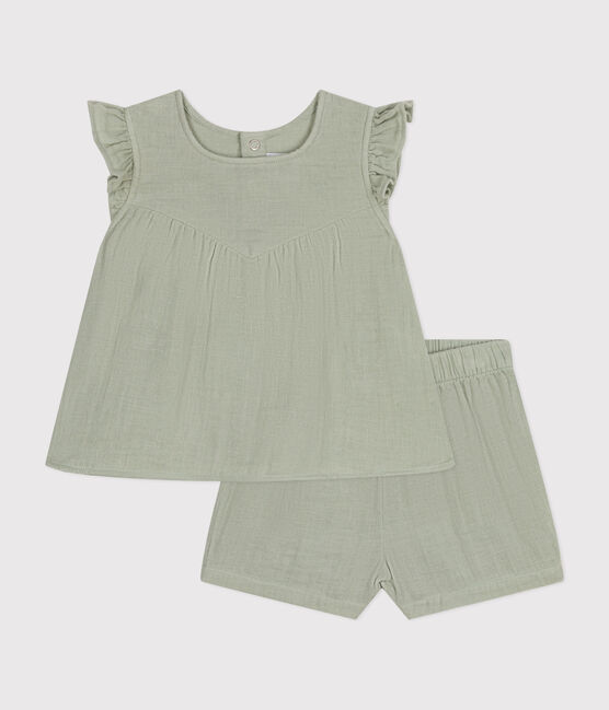 Conjunto de blusa y pantalón corto de gasa de algodón para bebé verde HERBIER
