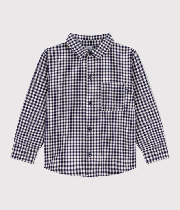 Camisa infantil de algod&oacute;n a cuadros azul/crudo