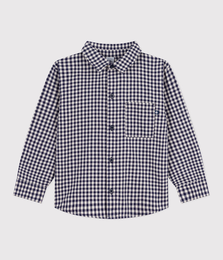 Camisa infantil de algod&oacute;n a cuadros azul/crudo