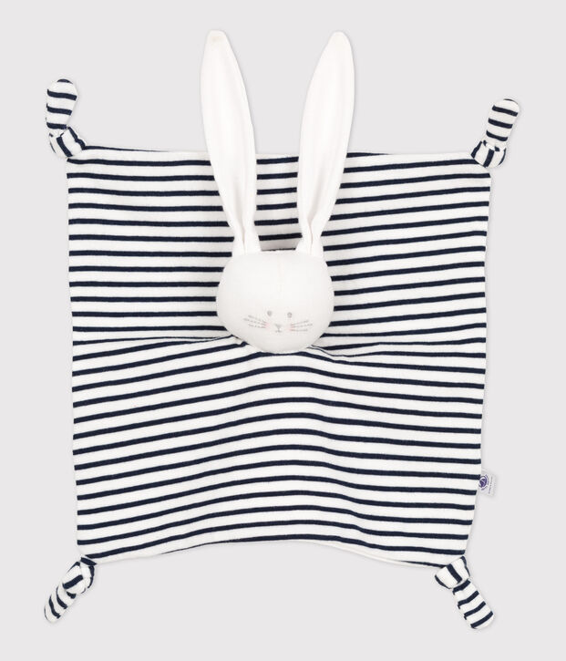 Doudou de conejo marinero de algod&oacute;n org&aacute;nico para beb&eacute; blanco/azul
