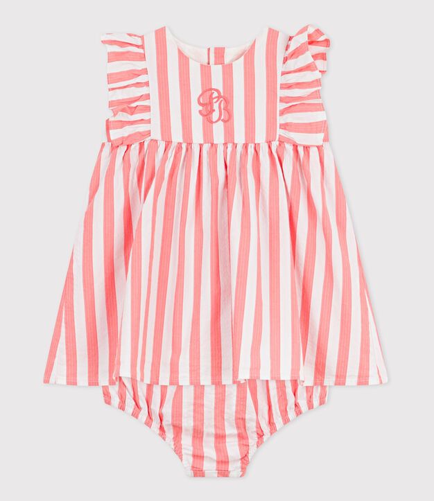 Vestido de algod&oacute;n sin mangas y pololo a rayas para beb&eacute; rosa/blanco