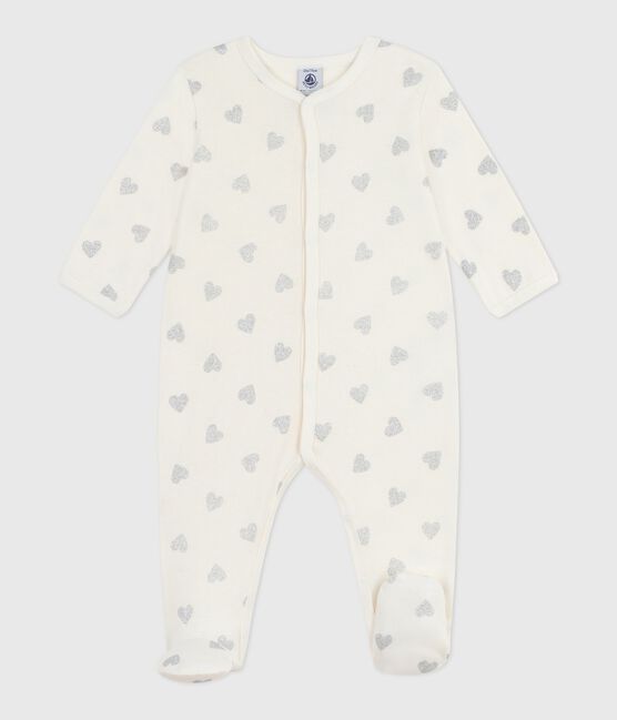 Pijama de algodón con estampado de corazones plateados para bebé crudo MILK/ ARGENT