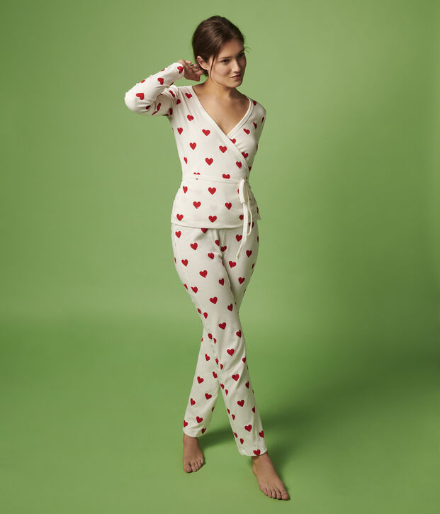 Rebeca cruzada de algod&oacute;n con corazones de mujer blanco/rojo