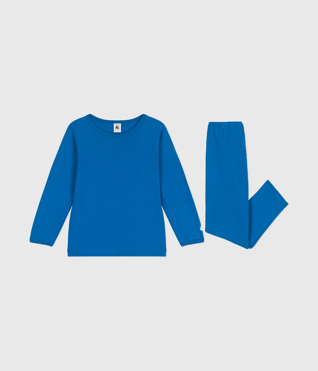 Pyjama  en c&ocirc;te d&eacute;saiguill&eacute;e  manches longues uni azul