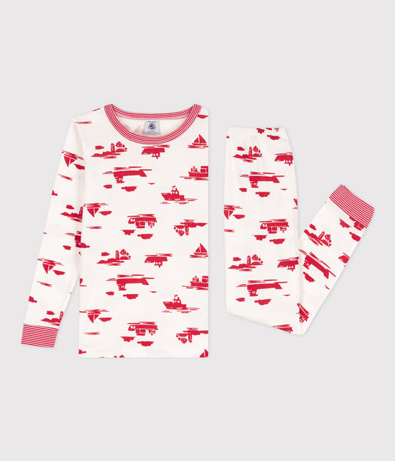 Pijama de algodón ajustado para niño/niña blanco MARSHMALLOW/rojo PEPS