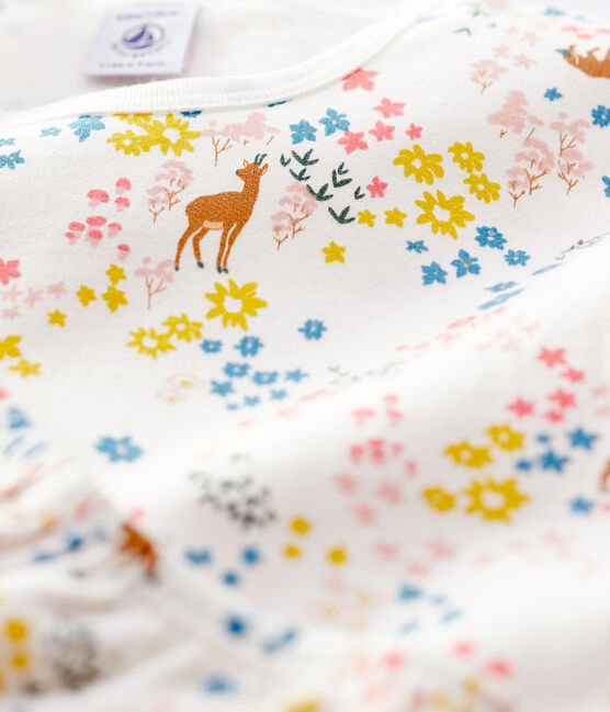 Pijama con estampado de flores de niña de muletón blanco MARSHMALLOW/blanco MULTICO