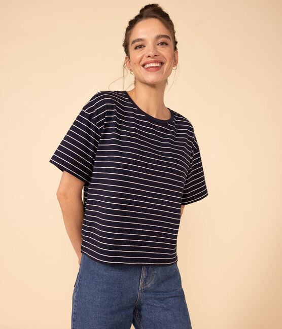 Camiseta LE BOXY de algodón para mujer azul SMOKING/blanco MARSHMALLOW