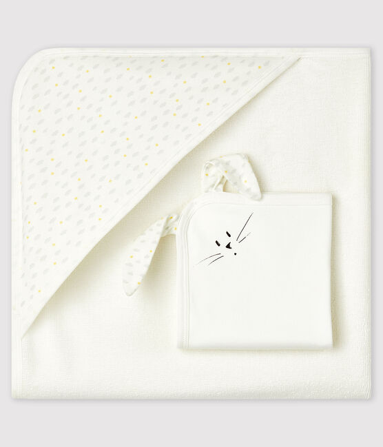 Estuche con toalla cuadrada de baño y peluche de bebé de rizo y tejido túbico de algodón orgánico blanco MARSHMALLOW/blanco MULTICO