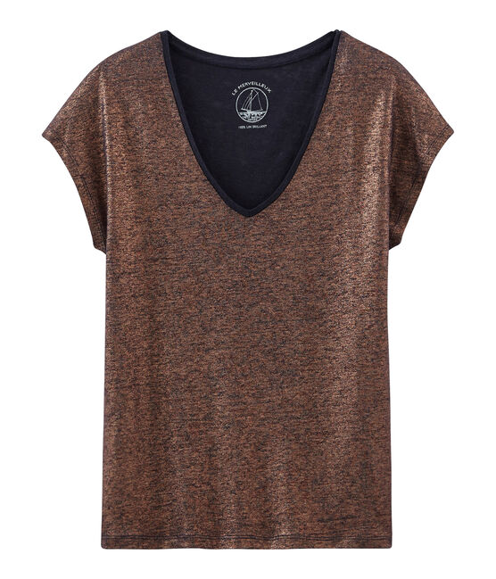 Camiseta manga corta lisa de lino irisada para mujer azul SMOKING/rosa COPPER