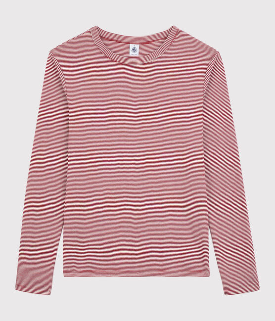 Camiseta de cuello redondo emblemática de algodón a rayas de mujer rojo SANGRIA/ MARSHMALLOW