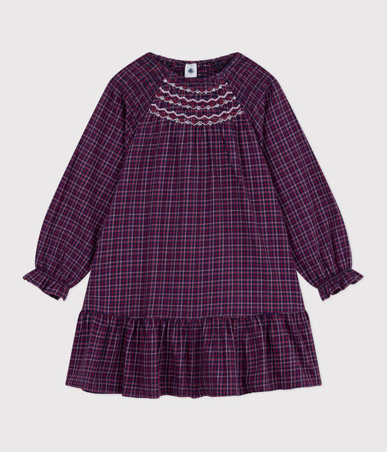 Vestido infantil de manga larga de franela a cuadros azul SMOKING/blanco MULTICO