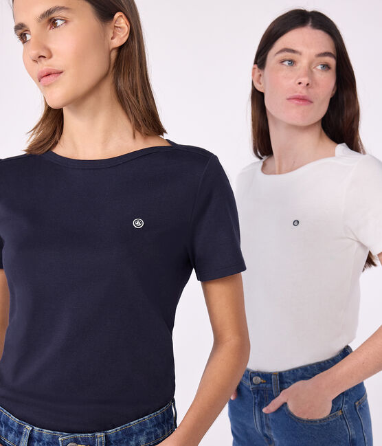 Camiseta icónica de mujer con cuello almirante de algodón  azul SMOKING