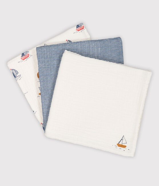 Juego de 3 muselinas para bebé con estampado de barcos y milrayas blanco MARSHMALLOW/azul MEDIEVAL/ MULTICO