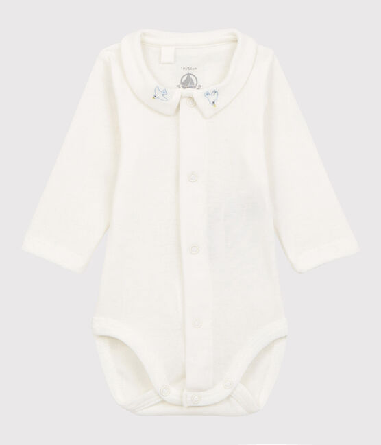 Body con cuello bordado de bebé de algodón biológico blanco MARSHMALLOW