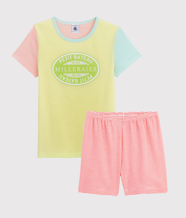 Pijama corto de rayas mulitcolores para ni&ntilde;a de punto amarillo/multicolor