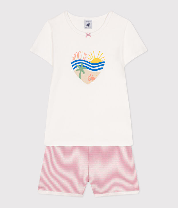 Pijama corto infantil de algod&oacute;n blanco/rosa