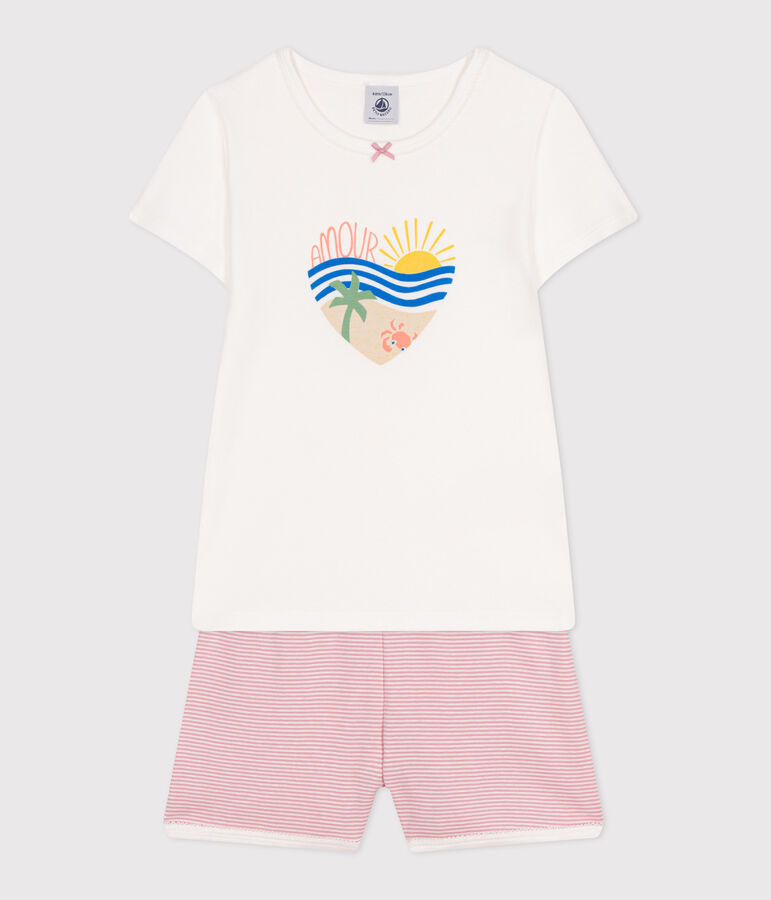 Pijama corto infantil de algod&oacute;n blanco/rosa
