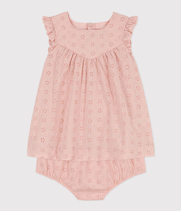 Vestido con bombacho de bordado ingl&eacute;s para beb&eacute; rosa