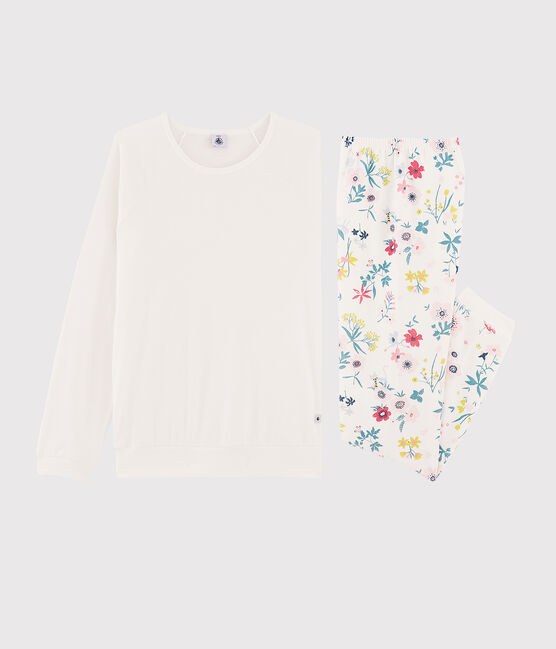 Pijama de chica - mujer con flores de dos materiales blanco MARSHMALLOW/blanco MULTICO