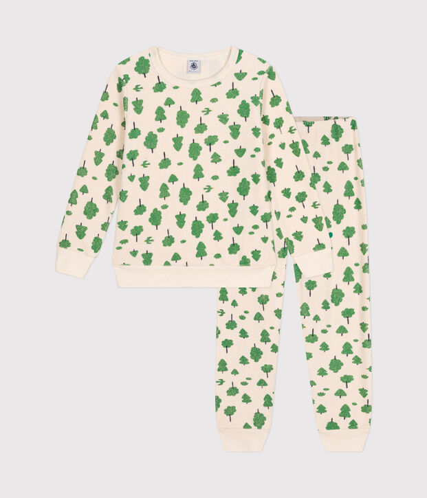 Pijama infantil de tejido de rizo cepillado con estampado de &aacute;rboles crudo/multicolor