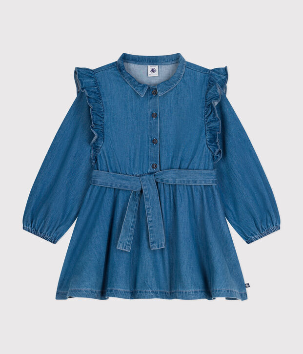 Vestido de manga larga de denim ligero para ni&ntilde;a azul