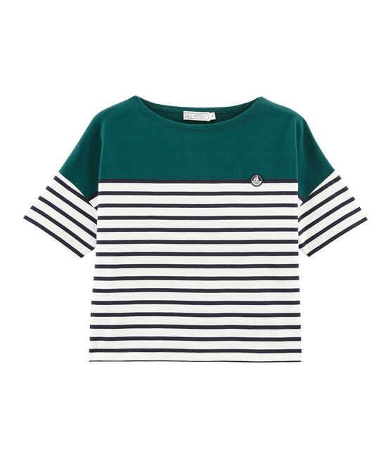 Jersey marinero manga corta para mujer verde PINEDE/blanco MARSHMALLOW/ SMOKING